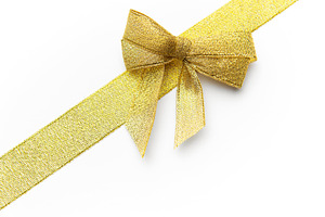 Gold glitter ribbon and bow on white background, a Holiday Photo by Olena Rudo