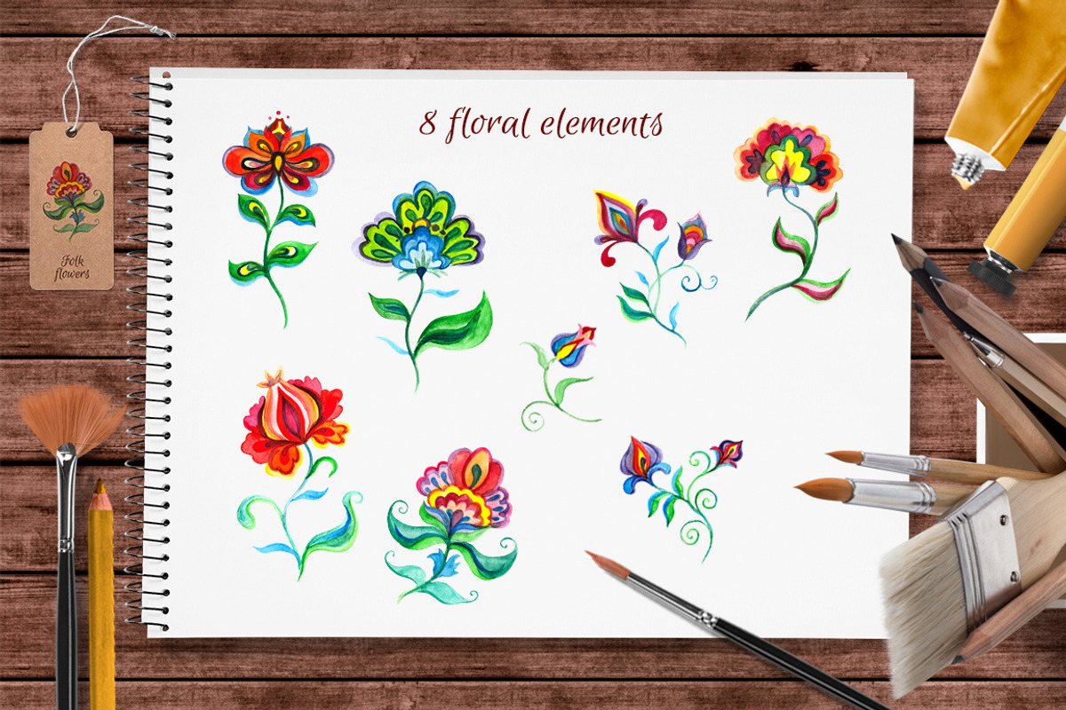 Folk flowers watercolor clipart, a Decorative Illustration by Where summer is (Photo 2 of 8)