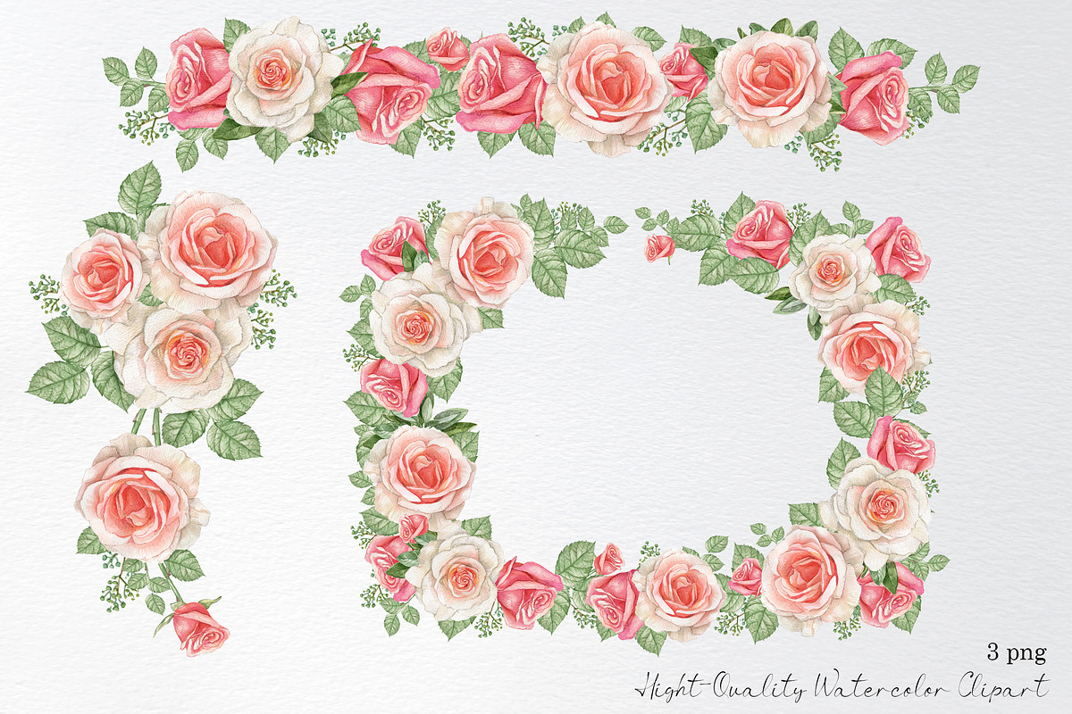 Watercolor rose border frame clipart, an Illustration by yana.fefelova (Photo 2 of 4)