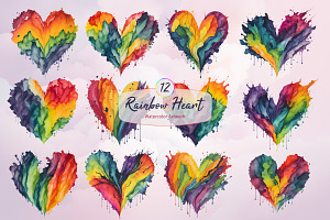 12 Rainbow Heart Watercolor Artwork