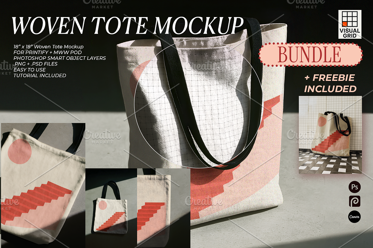 Woven Tote Mockup Bundle (5-Pack), a Mockup by VisualGrid (Photo 1 of 5)