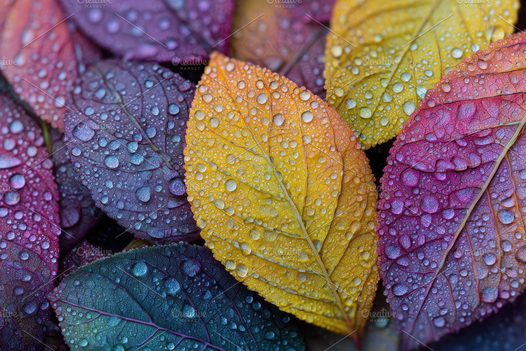 Colorful leaves with water droplets, a Photo by Pavel_design