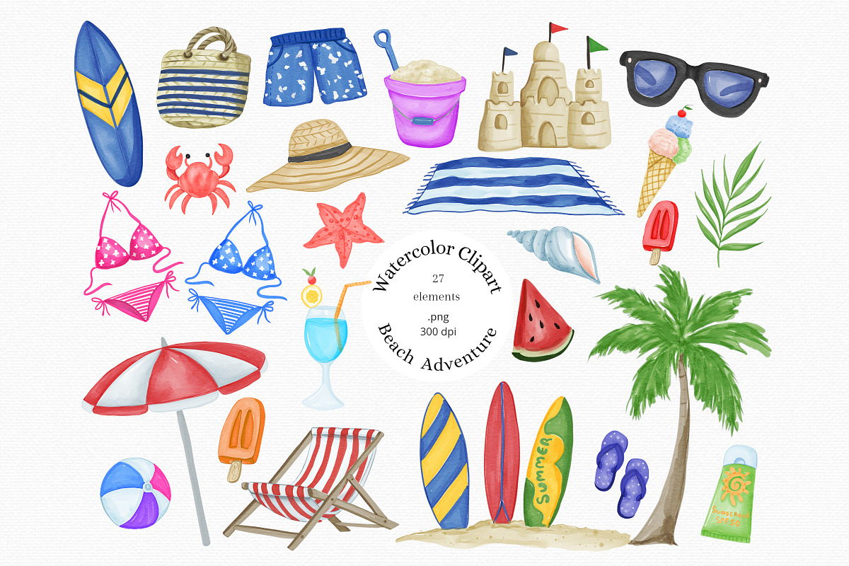 Watercolor Beach Vacation Clipart, an Illustration by MiracleArtAndDesign (Photo 1 of 2)