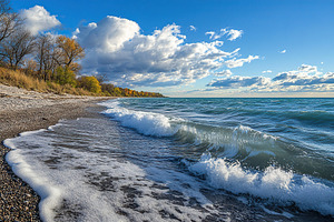 Ocean waves roll towards the shore under a bright blue sky with scattered cloud, a Photo by AlyaAnd