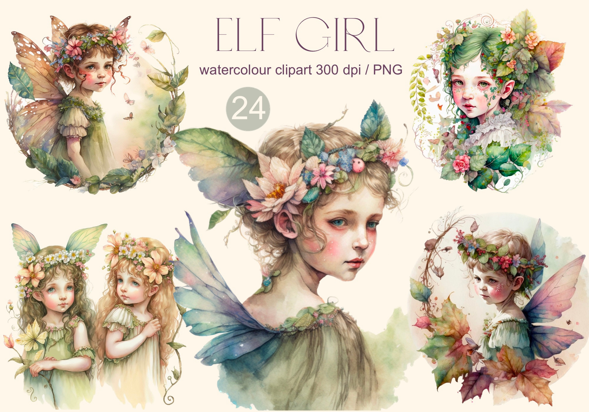 Elf girls clipart Watercolor, a Decorative Illustration by Hello My Print