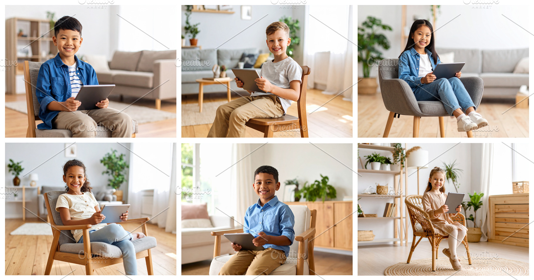 Kids with a tablet at living room while smiling to the camera ph, a Business Photo by DanFLCreativo