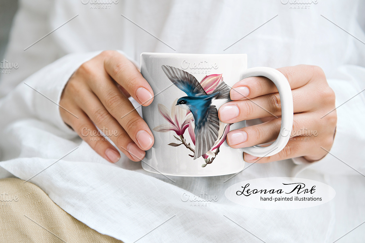 Swallows with magnolias Clipart Set, a Seasonal Illustration by Leonaa art (Photo 10 of 11)