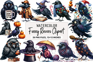 Funny Ravens Watercolor Clipart, an Illustration by DreamArtGraphic