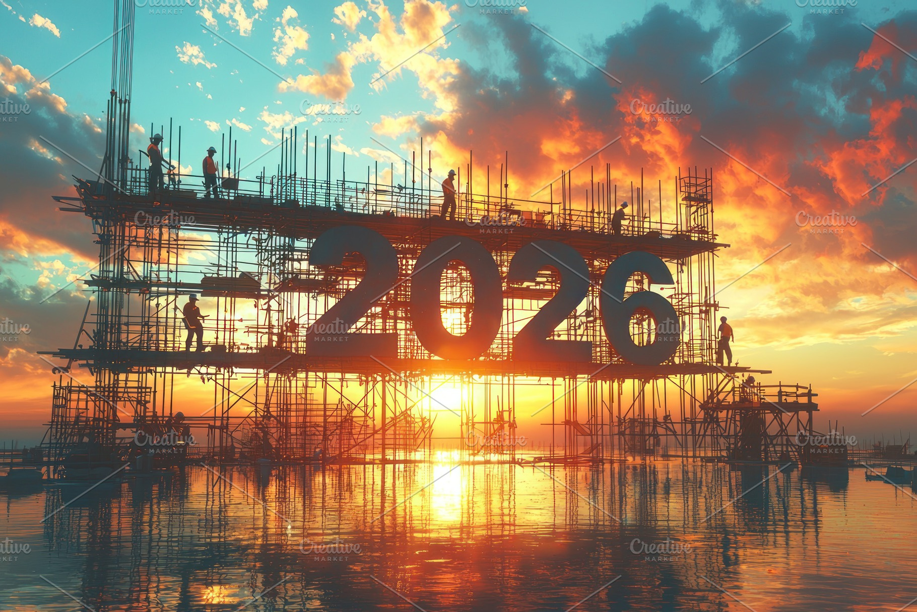 Giant 2026 numbers under construction on scaffolding over water, a Food & Drink Photo by José Manuel Gelpi