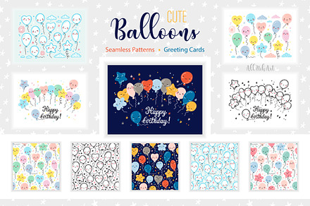 Cute Kawaii Balloons Cards, Patterns, a Card Template by AllNikArt