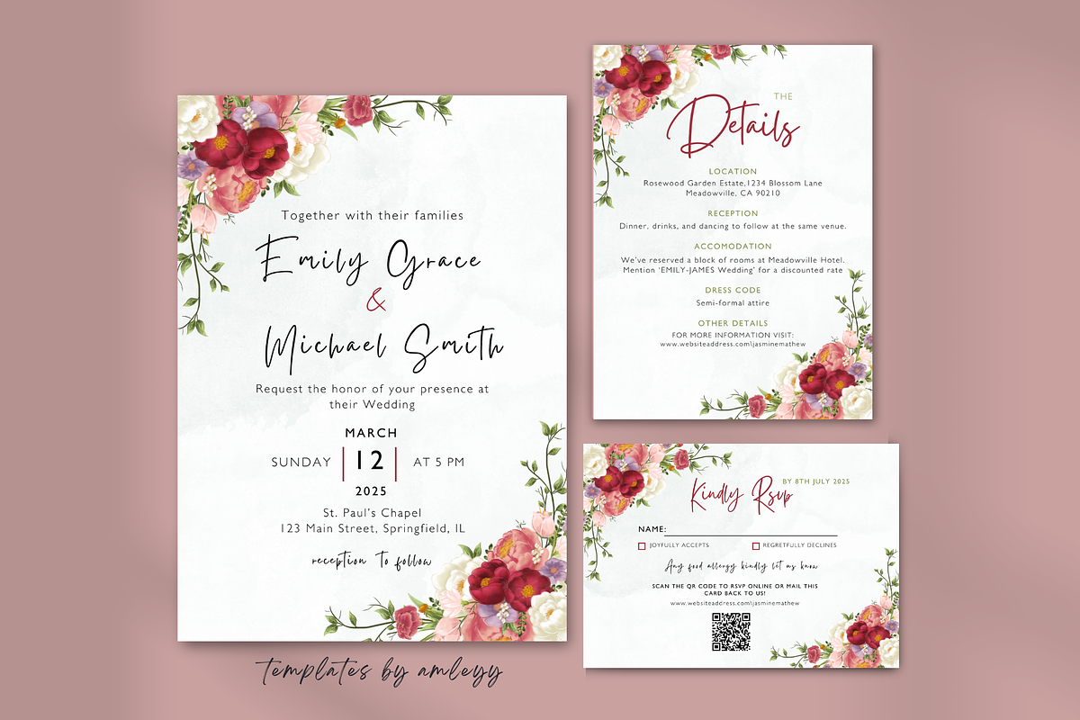 Rose Wedding Invitation Suite,, an Invitation Template by Elegant_Studio44 (Photo 2 of 4)