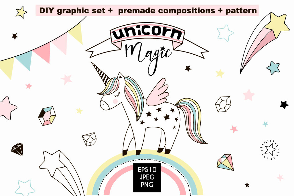 Unicorn Magic cliparts & patterns, a Decorative Illustration by @olga.angelloz (Photo 6 of 6)