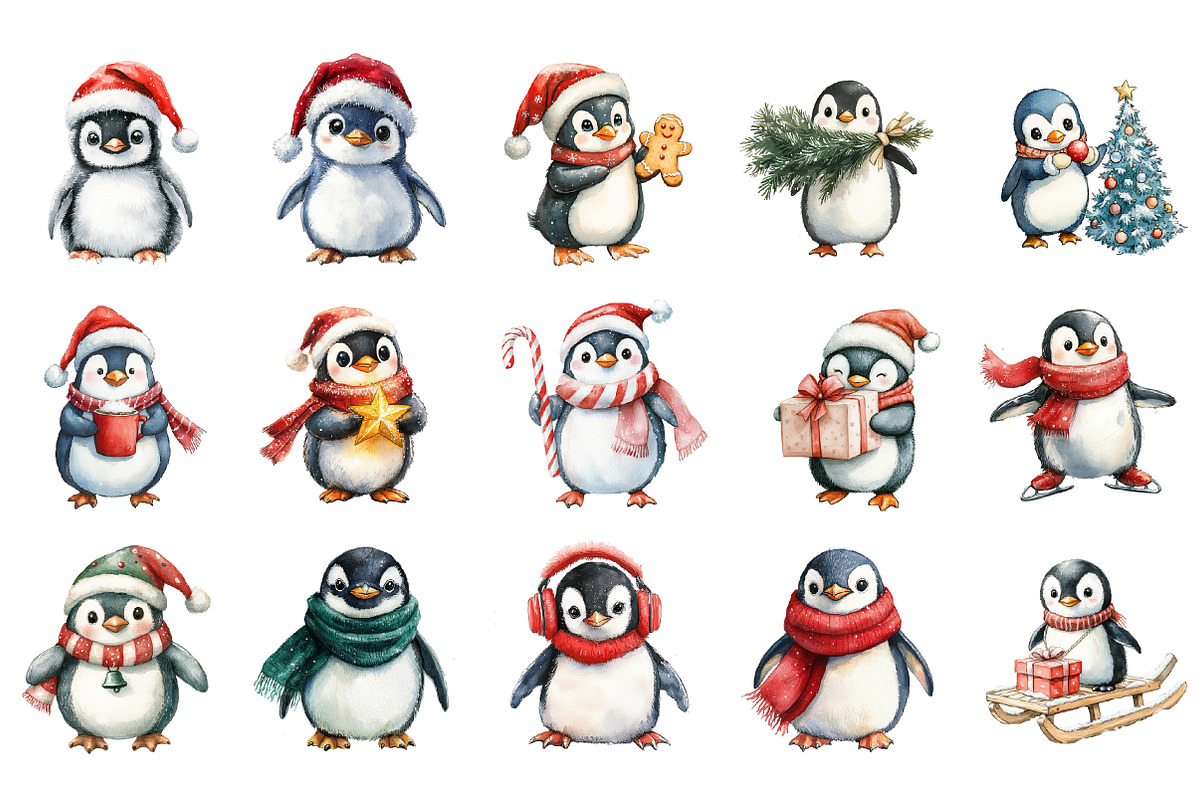 Watercolor Christmas Penguin, an Illustration by Designking (Photo 2 of 5)