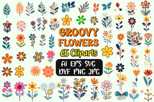 65 Groovy Flowers Vector Clipart
