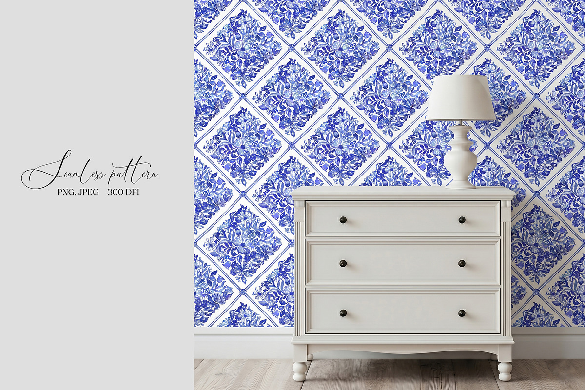 Blue Floral Portugal Mosaic Pattern, a Pattern Graphic by SirenaArt (Photo 2 of 14)