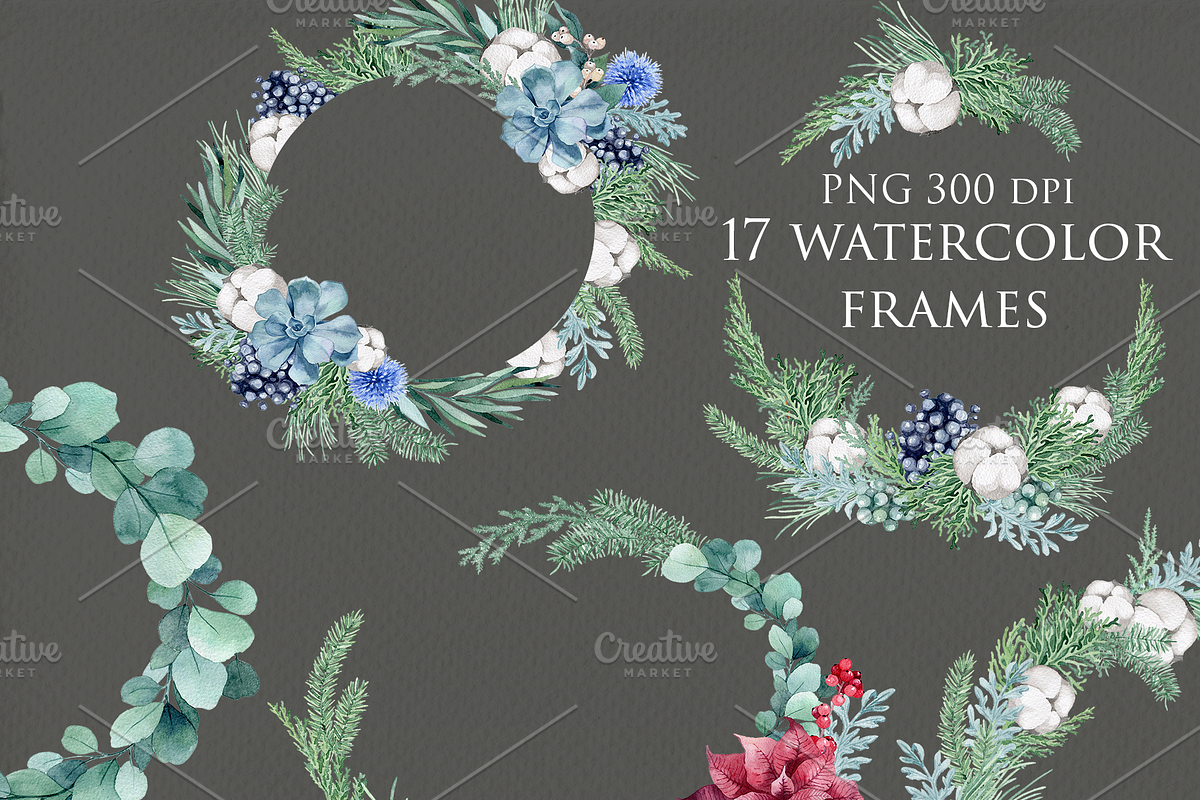 Watercolor set of winter fir wreaths, a Decorative Illustration by Antikva17 (Photo 2 of 7)