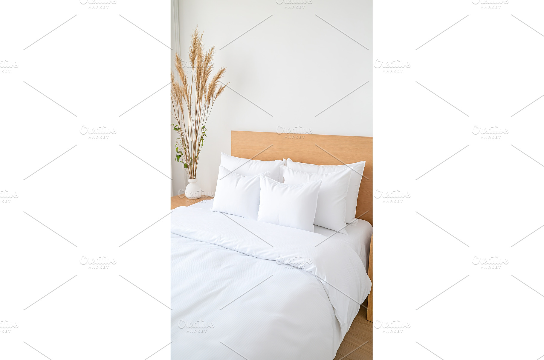 Minimalist bedroom with white linen, a Background Photo by Lermont51