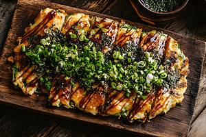 Okonomiyaki Japanese savory pancake with toppings, a Food & Drink Photo by Photostock