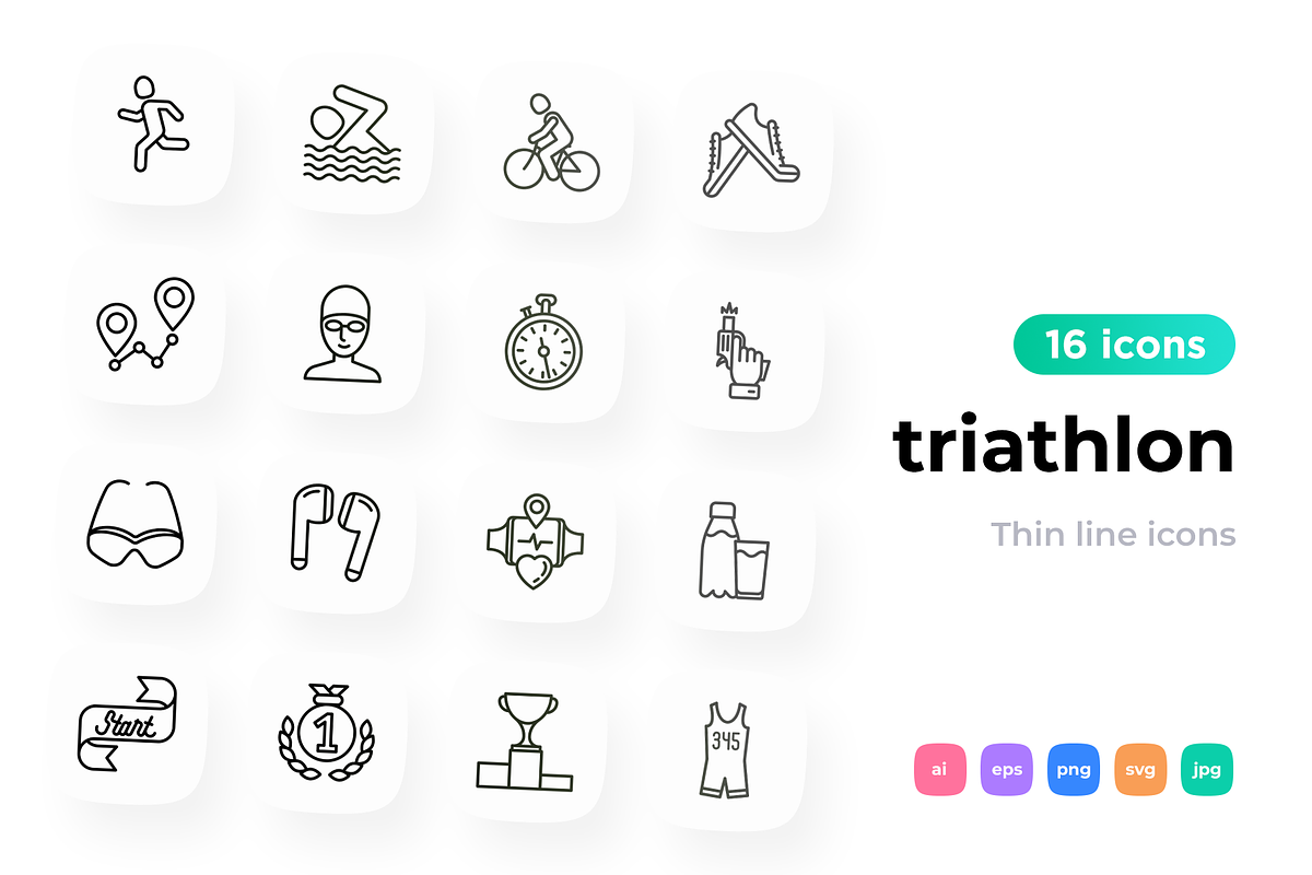Triathlon 16 Thin Line Icons Set, an Outline Icon by Alex Blogoodf (Photo 1 of 5)