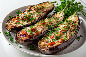 Eggplant stuffed with cheese and meat in plate, a Food & Drink Photo by AlyaAnd