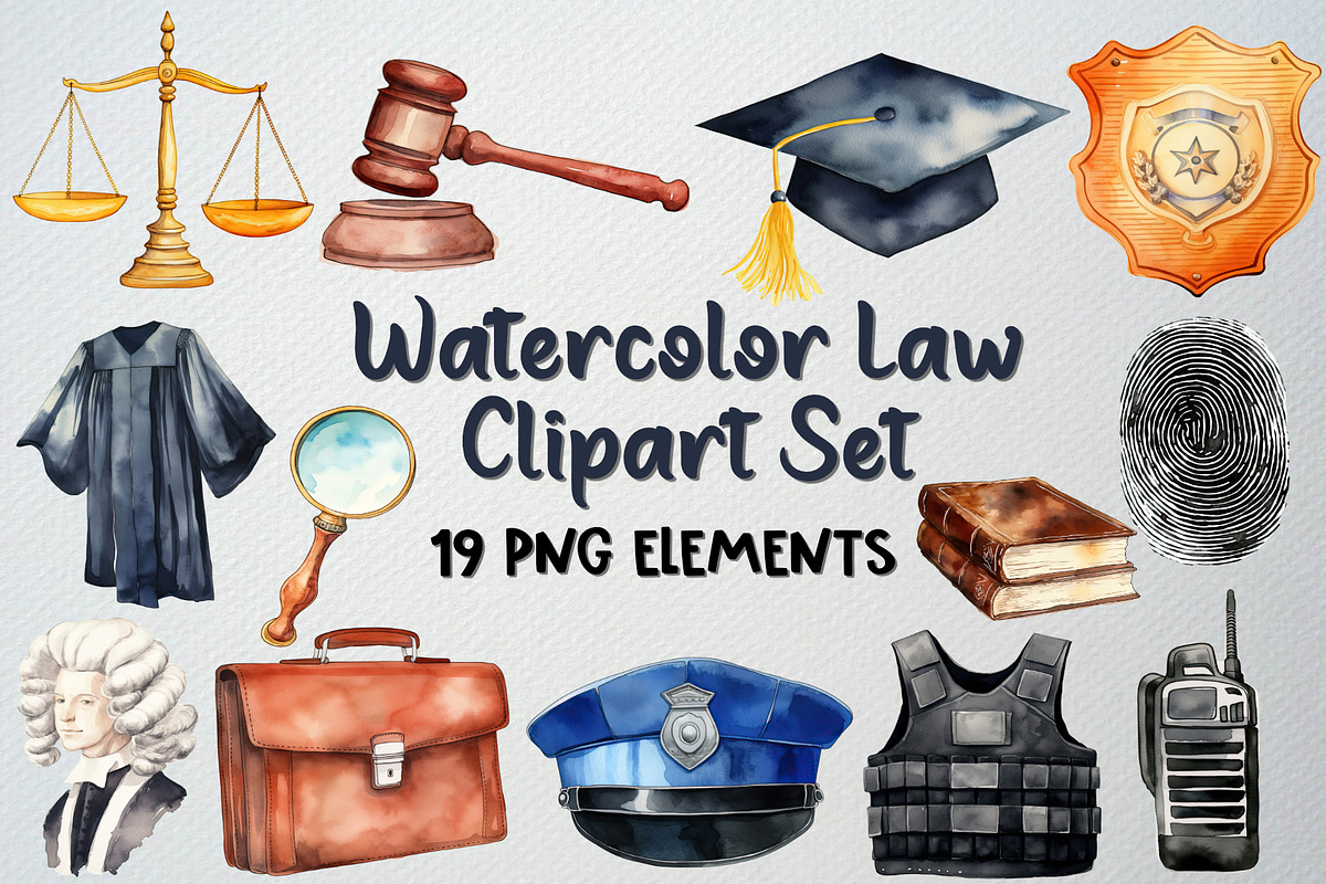 Watercolor Law Clipart Set, 19 PNG, an Illustration by CropUp Creative (Photo 1 of 5)