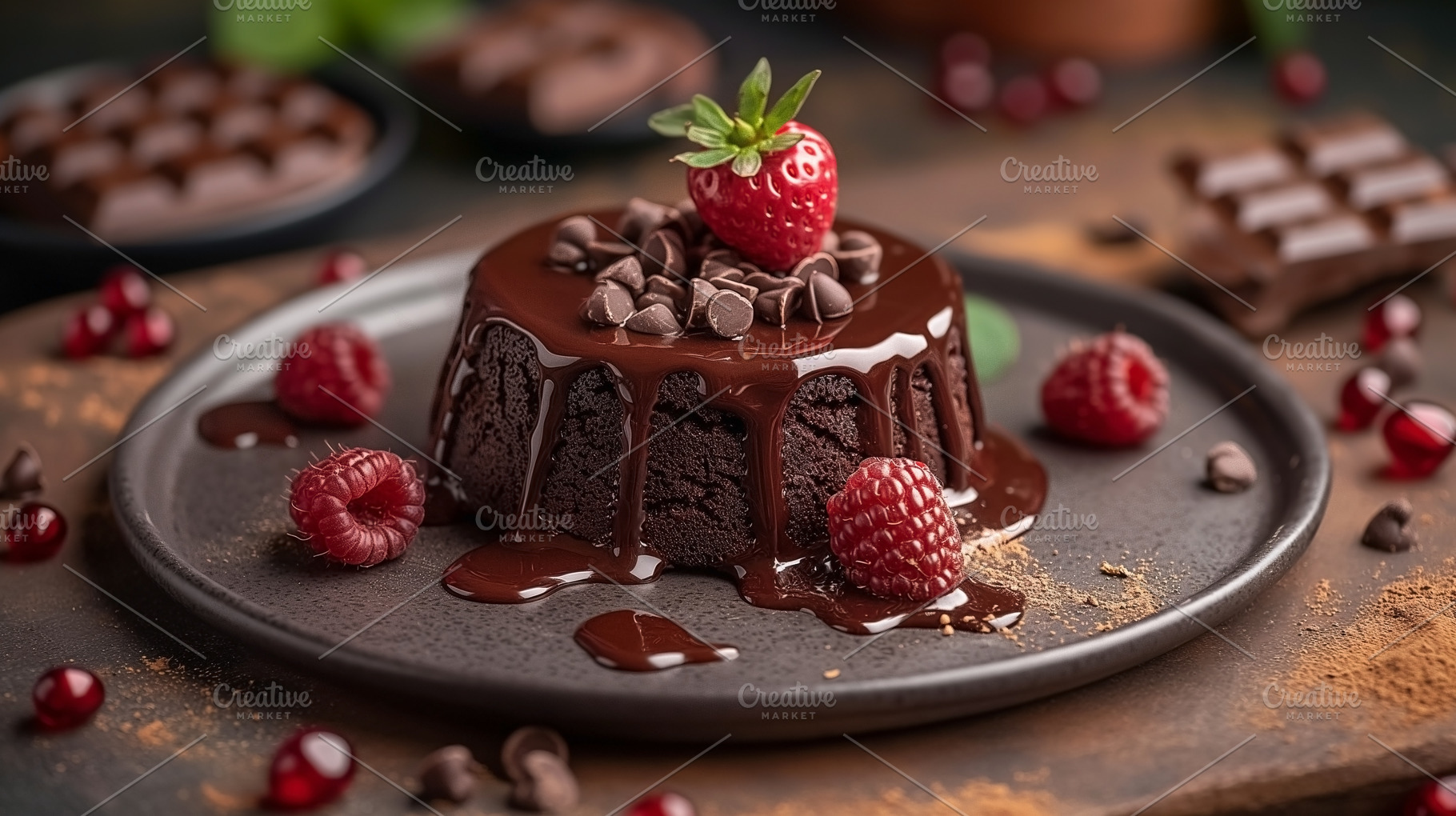 Delicious chocolate lava cake topped with fresh strawberries and, a Food & Drink Photo by ImageMir