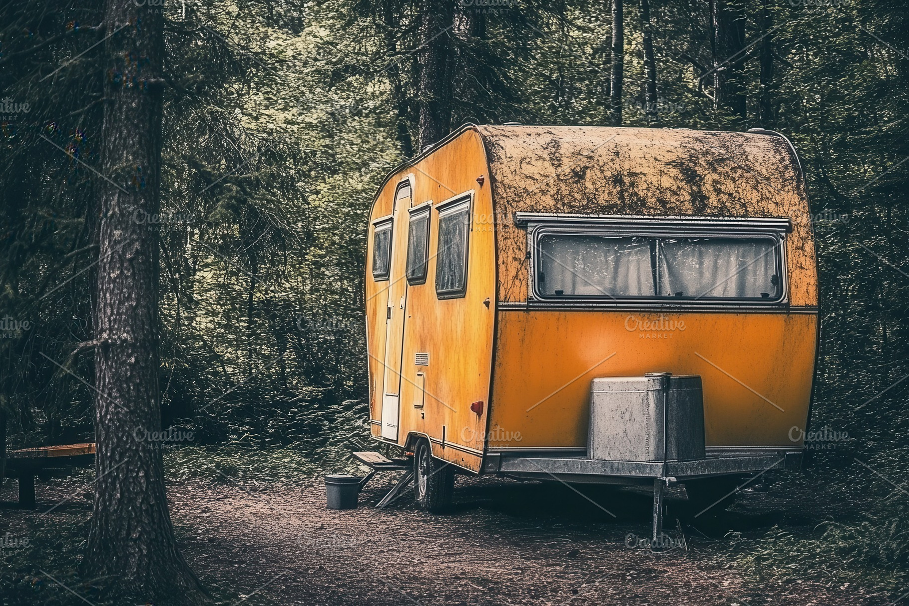 Travel trailer camping in the woods, a Photo by Pavel_design