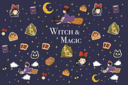 Ghibli Witch, cat, moon, stars,magic, a Seasonal Illustration by Mussbolo Studio (Thumbnail 1 of 4)