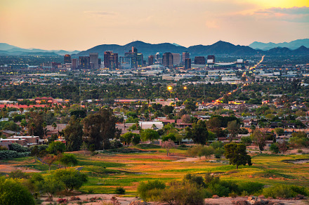 Phoenix arizona skyline at sunset containing phoenix, arizona, and skyline, an Architecture Photo by Nick Fox
