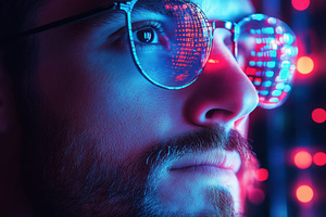 A close-up portrait of a man profiler with glasses reflecting colorful lights,, a Person Photo by Textures & Backgrounds