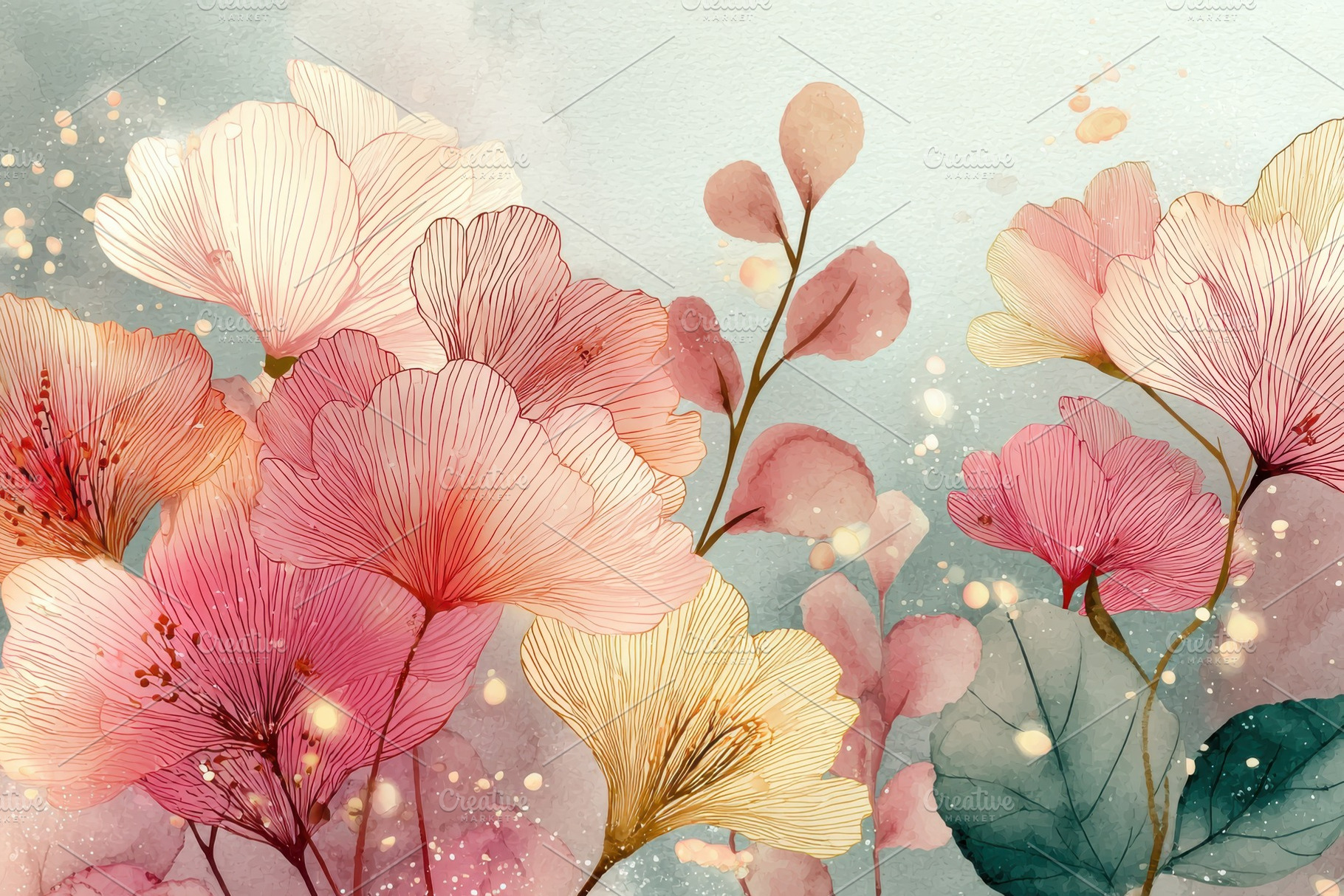 Delicate Pink and Gold Flowers Water, a Photo by Pixeness Studio