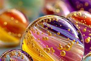 Colorful glass marbles with swirling ribbons and golden bubbles, an Abstract Photo by José Manuel Gelpi