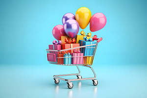 Shopping cart or basket on blue background with colorful wrapped gift boxes, a Holiday Photo by Lenor4ik