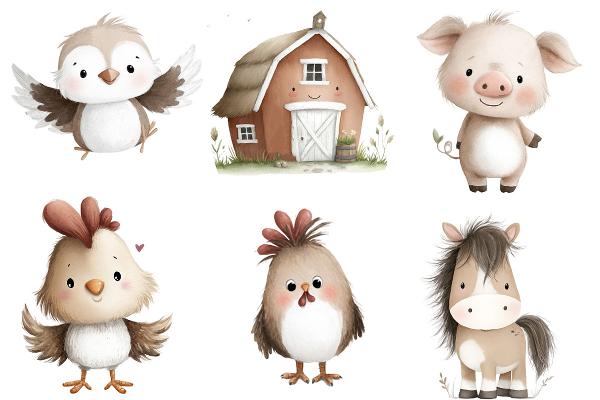 Watercolor Cute Farm Clipart, an Illustration by Designworld (Photo 3 of 6)