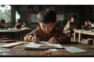 Asian boy concentrating on writing, a Person Photo by Sergey Kotenev