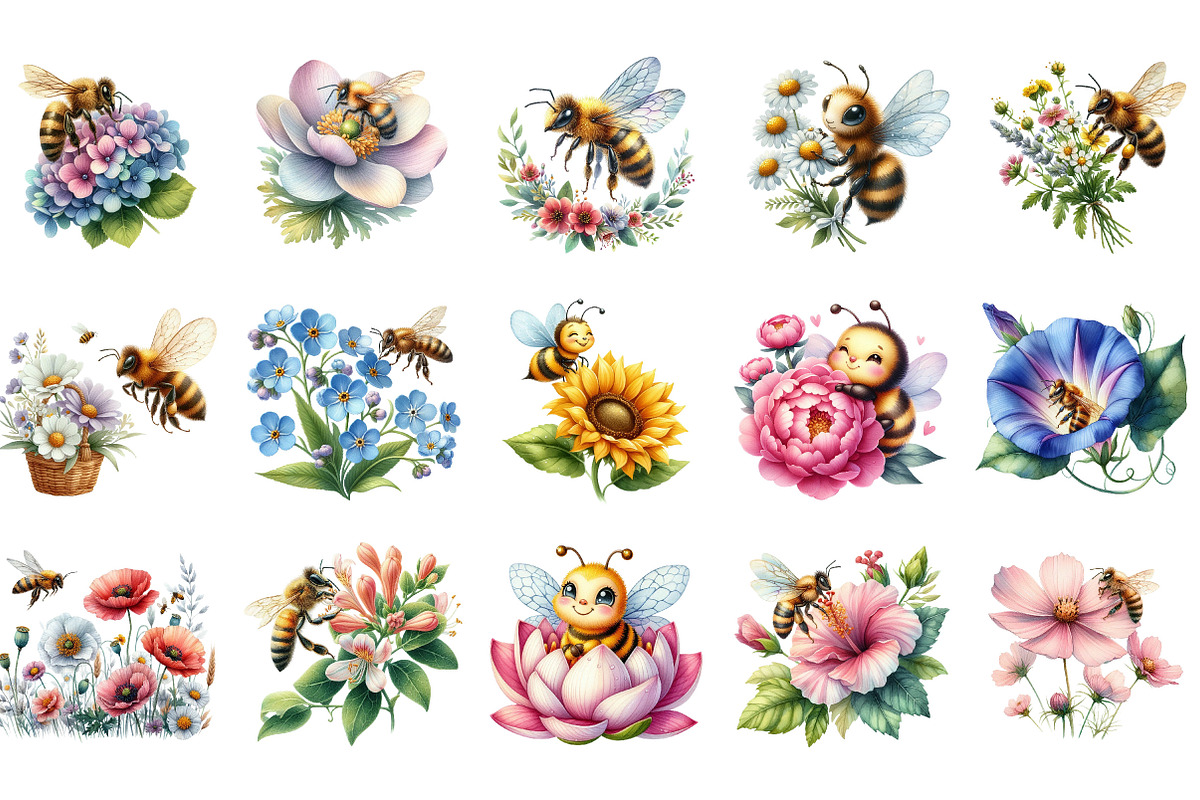 Cute Bee and Flower Clipart, an Illustration by Designking (Photo 3 of 5)