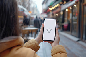 Hands holding a smartphone displaying a wifi symbol in a busy urban street, a Photo by AlyaAnd