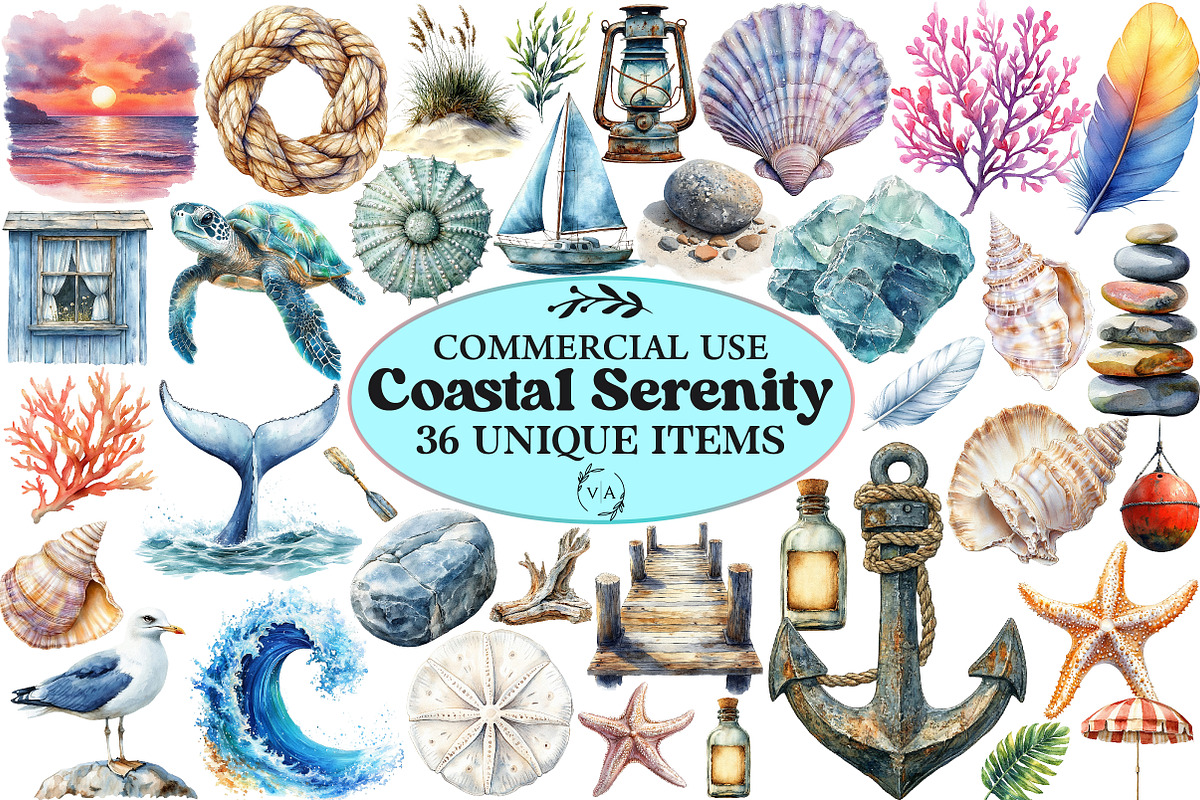 Watercolor Coastal Serenity Clipart, an Illustration by Craft Nest (Photo 1 of 6)