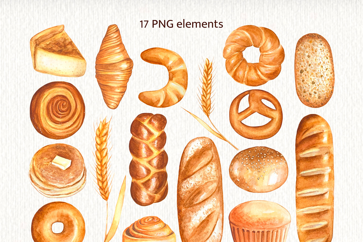 Bakery watercolor hand drawn clipart, a Food Illustration by DiashaArt (Photo 2 of 6)