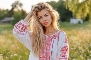 Young woman enjoying a sunny day outdoors wearing a stylish embroidered blouse, a Person Photo by AlyaAnd