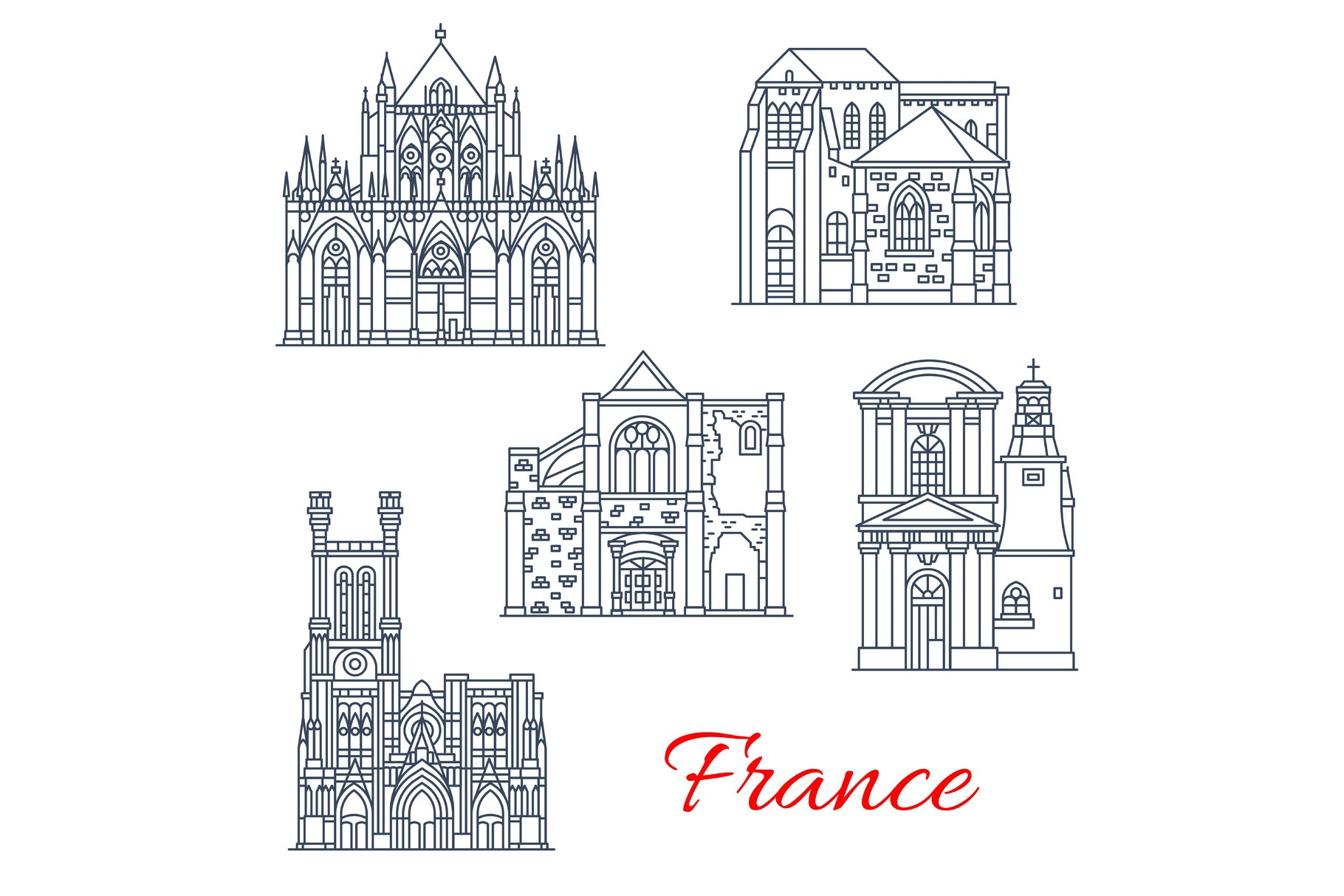 France vector landmarks facades, an Illustration by Vector Tradition