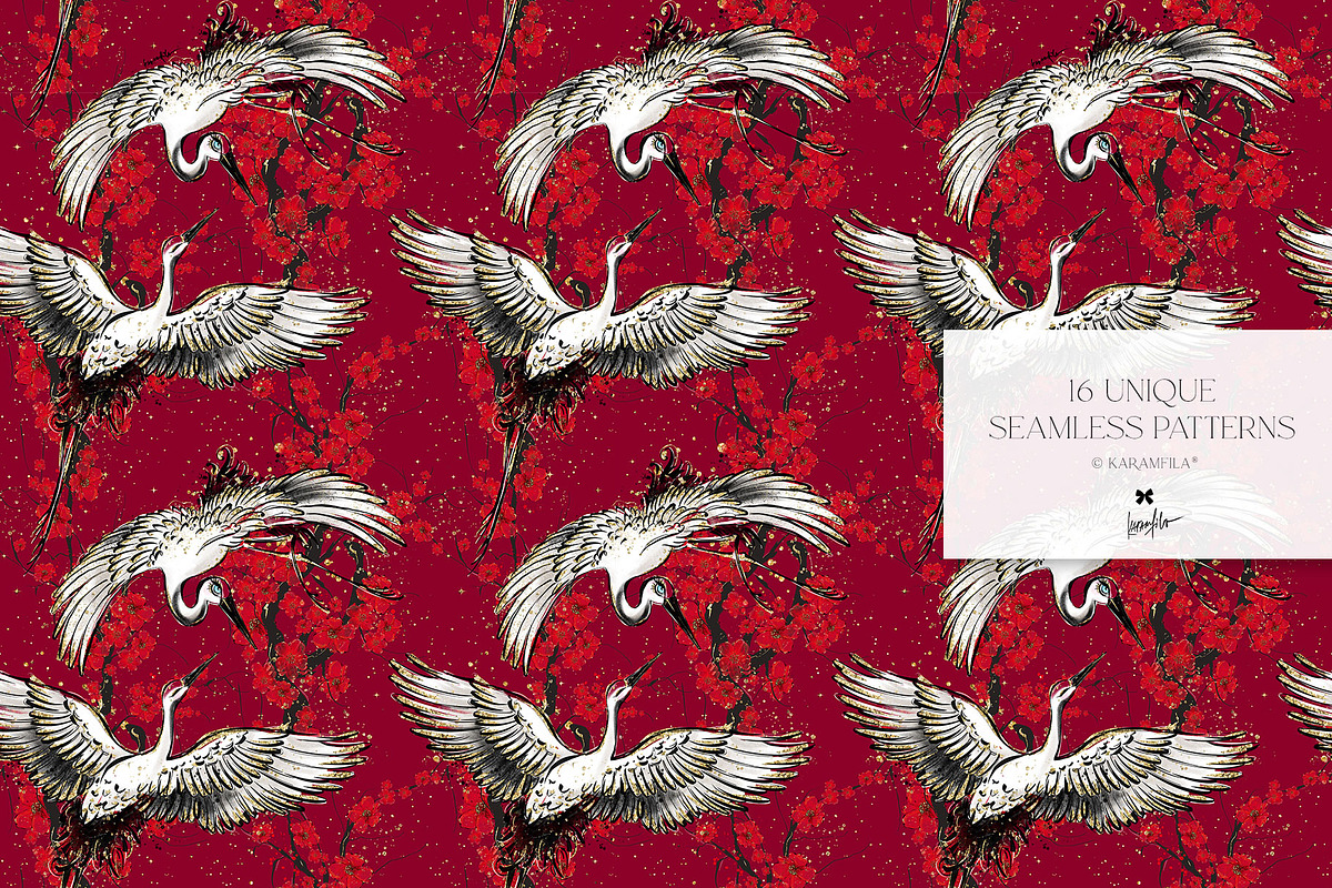 Japanese Cranes Seamless Patterns, a Pattern Graphic by KaramfilaS (Photo 5 of 19)