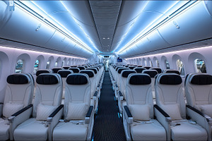 Airplane cabin interior modern seats, a Photo by Pixeness Studio