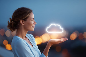 Woman holding glowing cloud icon at dusk, a Technology Photo by AlyaAnd