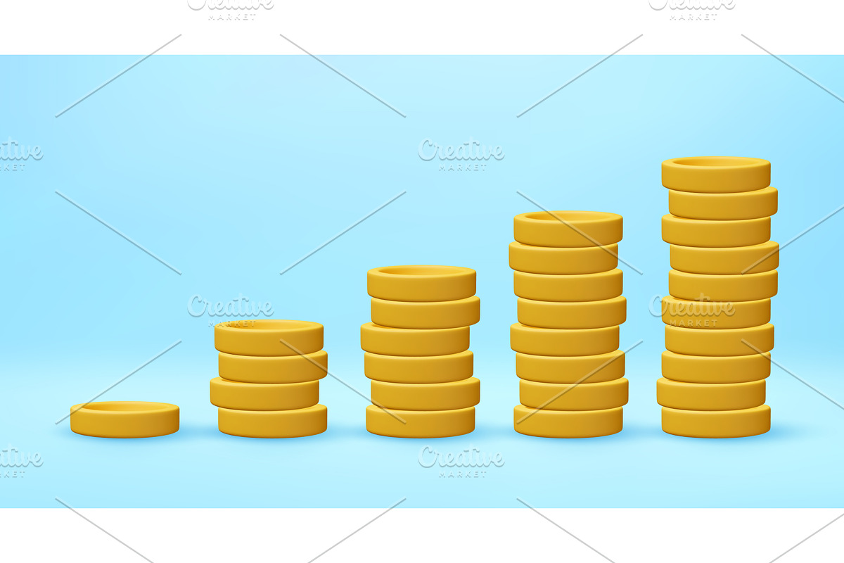 3D Increasing stacks of yellow coins, a Finance Illustration by Abscent