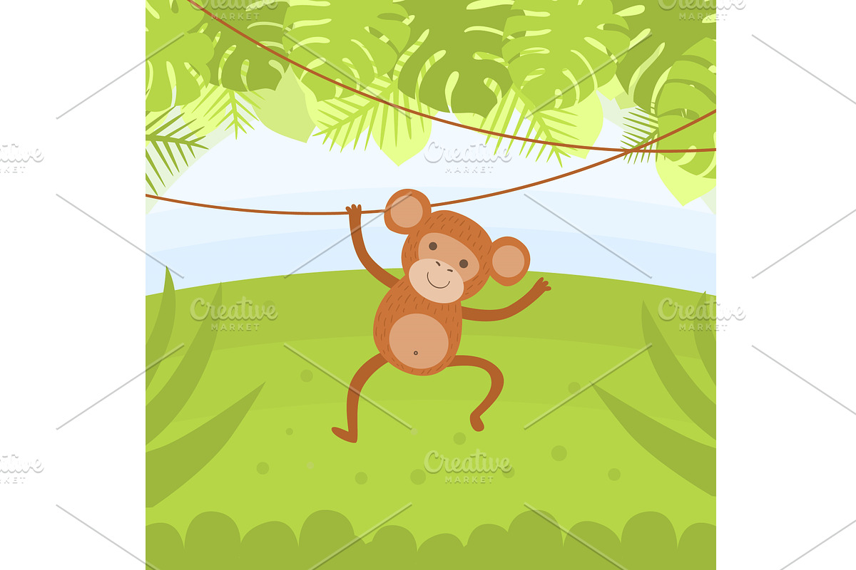 Cute Monkey Hanging on a Vine in, an Animal Illustration by TopVectors