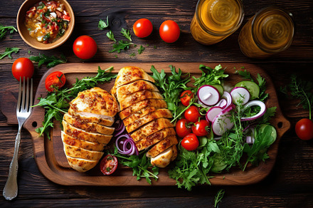 Baked chicken fillet with vegetables on wooden background. Generative AI, a Food & Drink Photo by AlyaAnd