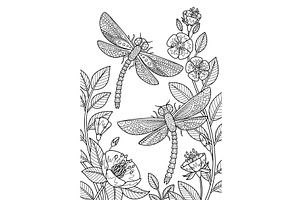 Doodle coloring dragonflies flying, an Animal Illustration by Barsuk's Shop