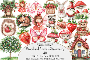 Woodland Animals Strawberry Clipart, a Seasonal Illustration by Design Market