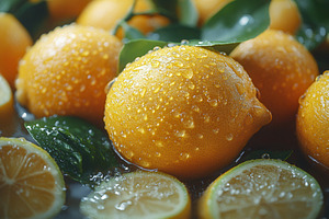 Fresh lemons with raindrops and gree, a Photo by Tanuart